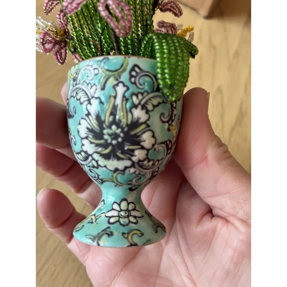 Vintage Handmade French Seed Beaded Flower Floral Bouquet Asian longevity Cup